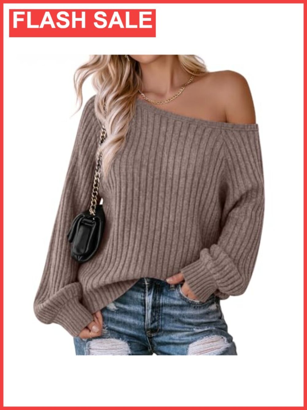 Womens Off Shoulder Ribbed Knit Sweater Long Sleeve Pullover